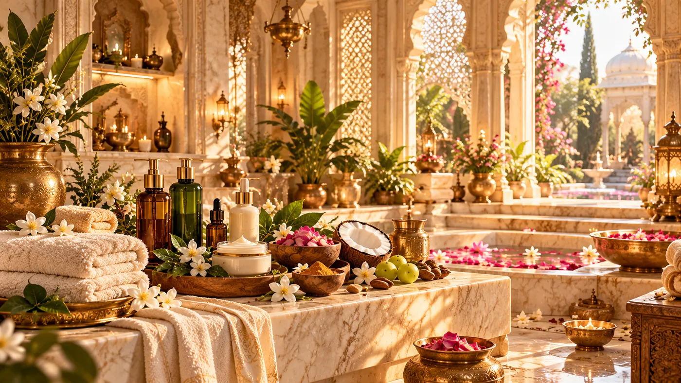 Body care room with towels, lotions, coconut and brass bowls beside a petal-filled bath