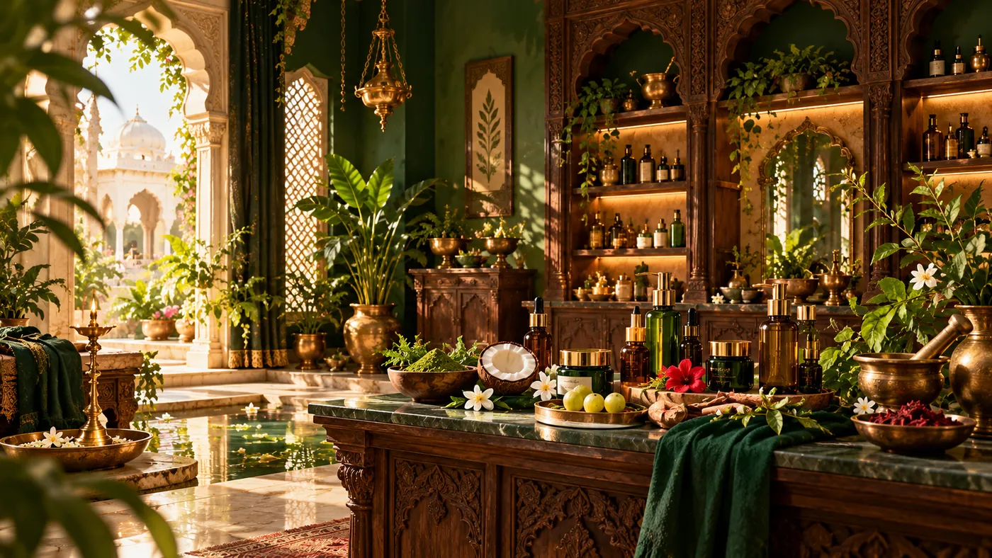 Hair care room with carved wood shelves, green walls and amber bottles