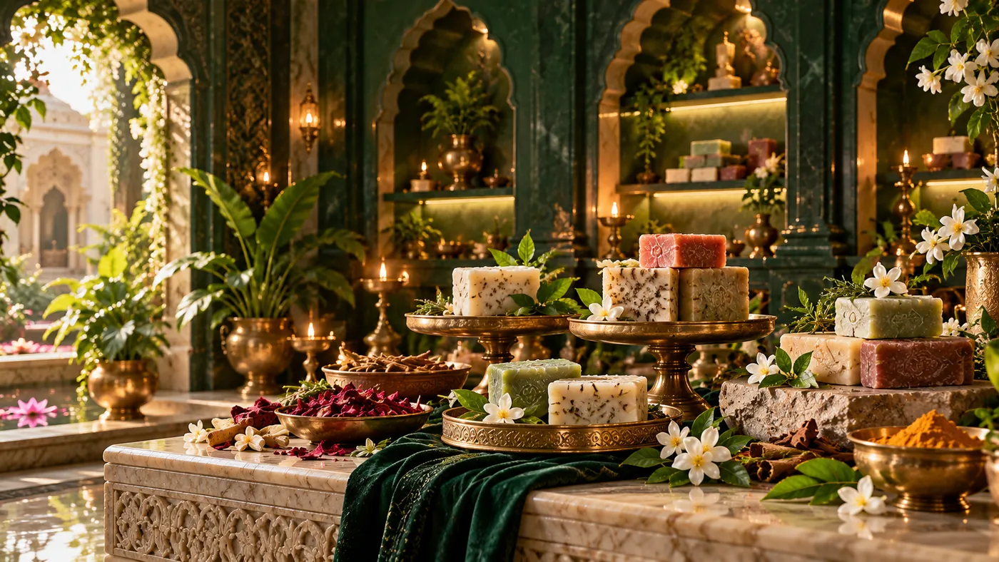 Herbal soap room with handmade soaps on brass stands in dark green niches