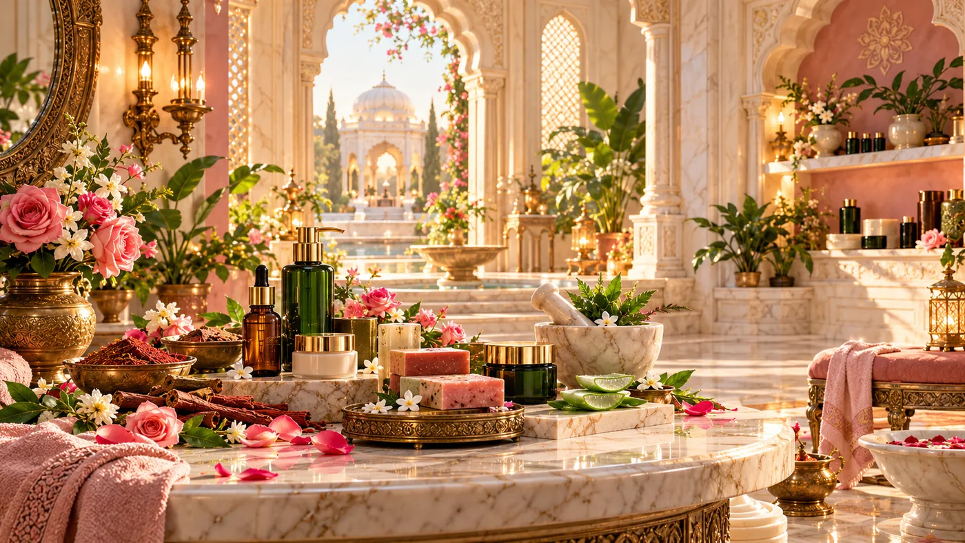 Skin care room with roses, a marble vanity and brass details